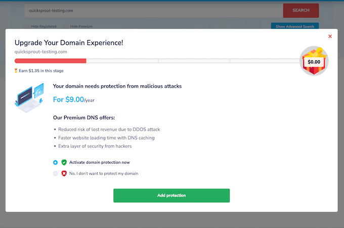 带有添加高级 DNS 选项的 NameSilo 域结帐。