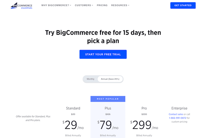 BigCommerce 定价计划，显示 Standard、Plus、Pro 和 Enterprise 计划