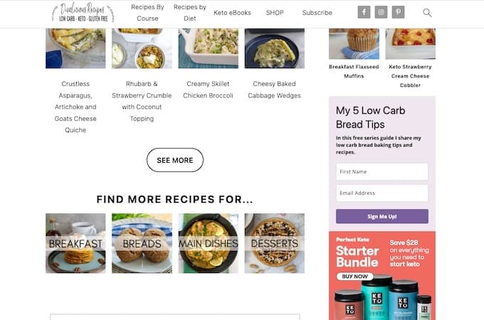 Divalicious Recipes 网站主页,侧边栏上有电子邮件注册表单。