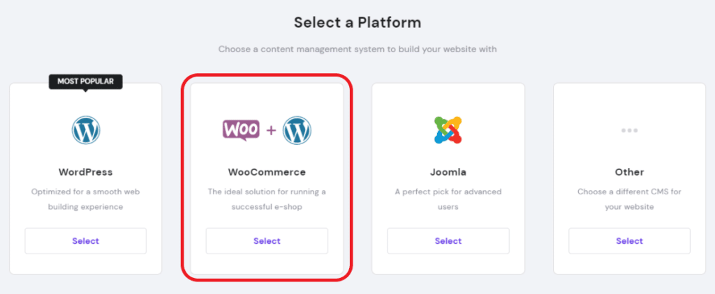 安装 WordPress 和 WooCommerce 选择平台示例。