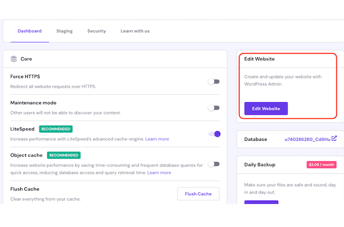 突出显示“编辑网站”的 Hostinger hPanel 图像的屏幕截图。