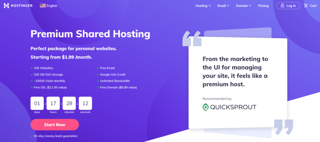 Hostinger 高级共享托管页面。