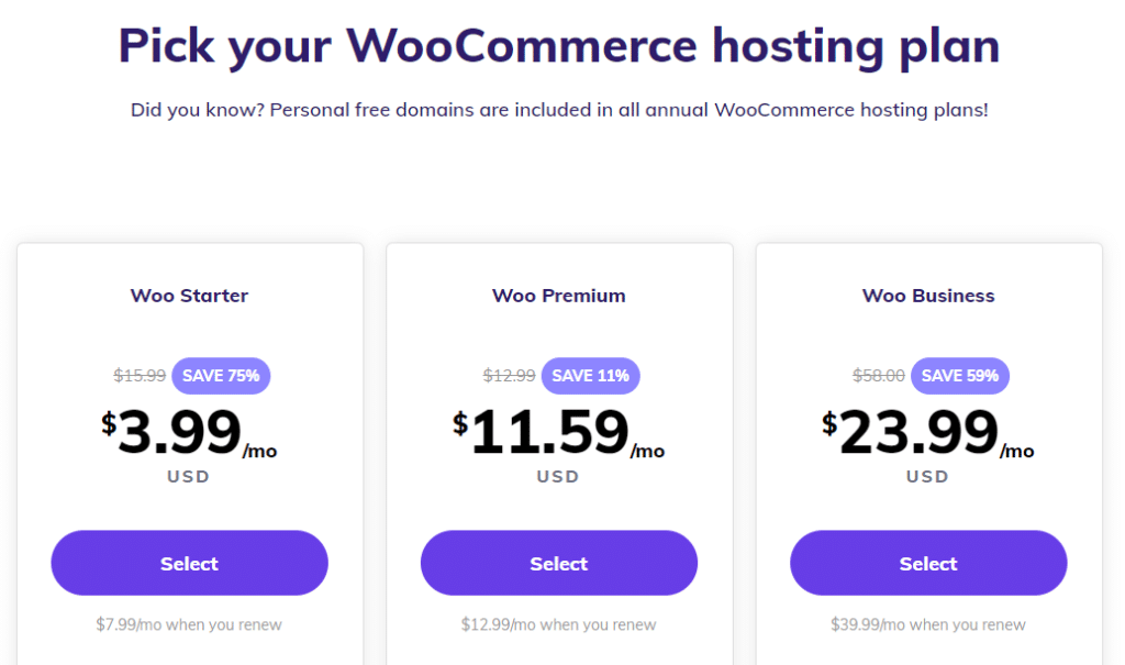 WooCommerce 托管计划定价选项。