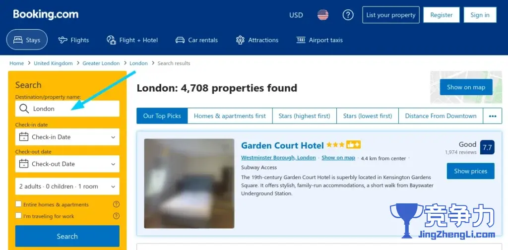 booking.com 搜索栏的插图
