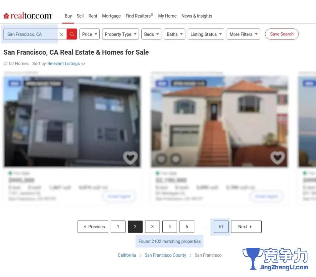 realtor.com 搜索页面的屏幕截图