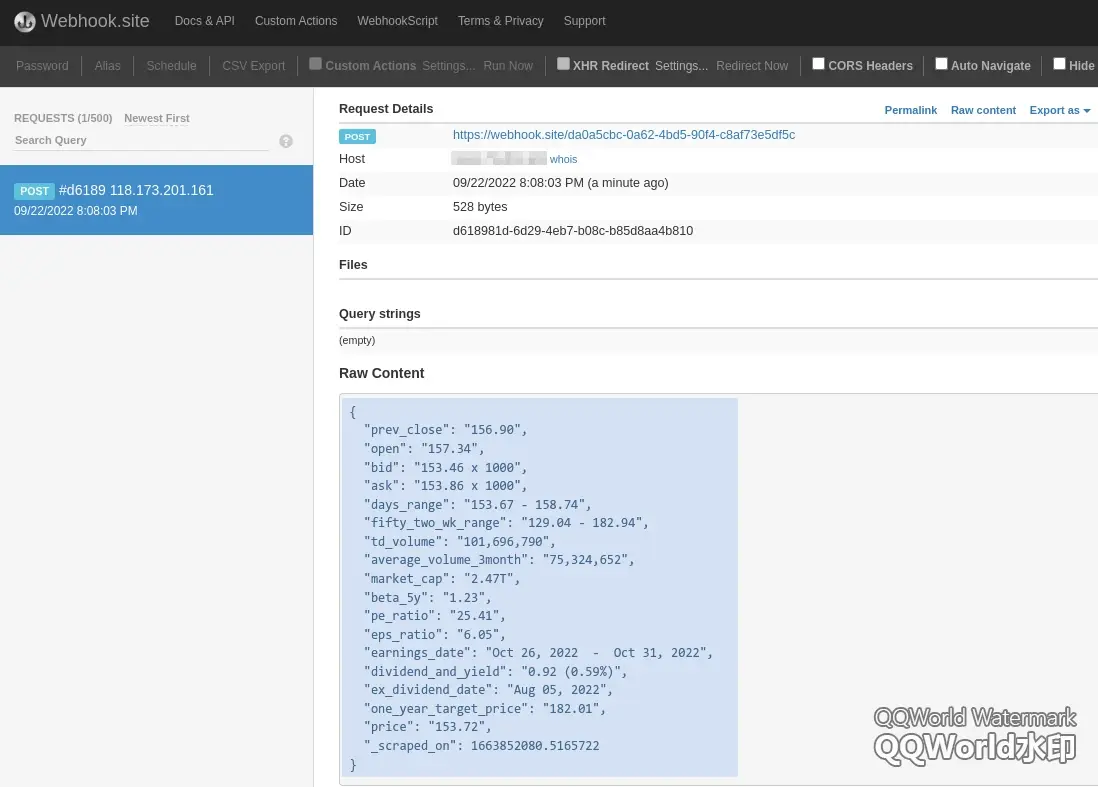 发送 webhook 后 webhook.site 的屏幕截图