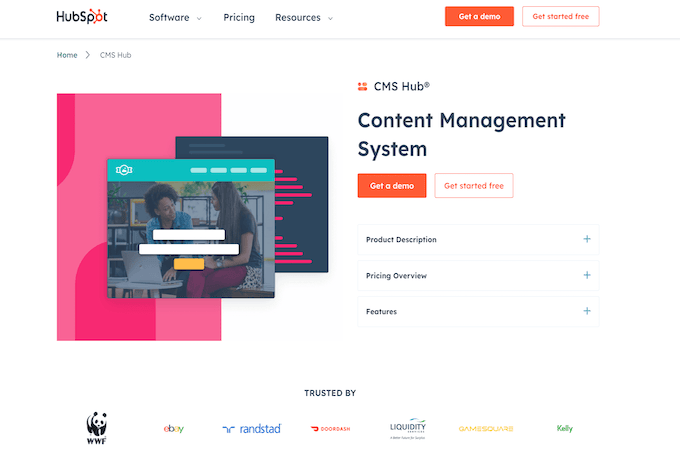 HubSpot CMS 登陆页面,带有用于演示选项的橙色按钮。