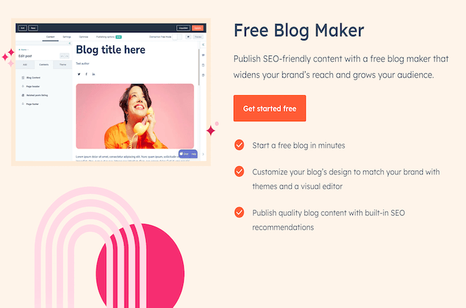 HubSpot 免费博客制作者登录页面带有橙色按钮，可免费开始使用。