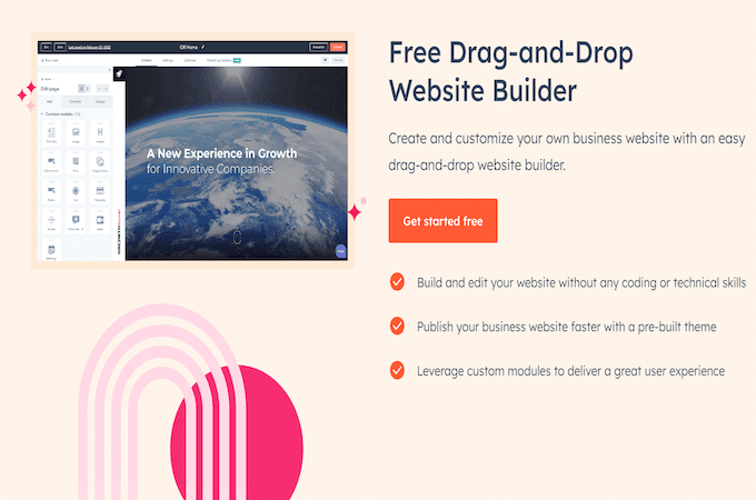 HubSpot 拖放网站构建器登录页面,带有橙色按钮,可免费开始使用。