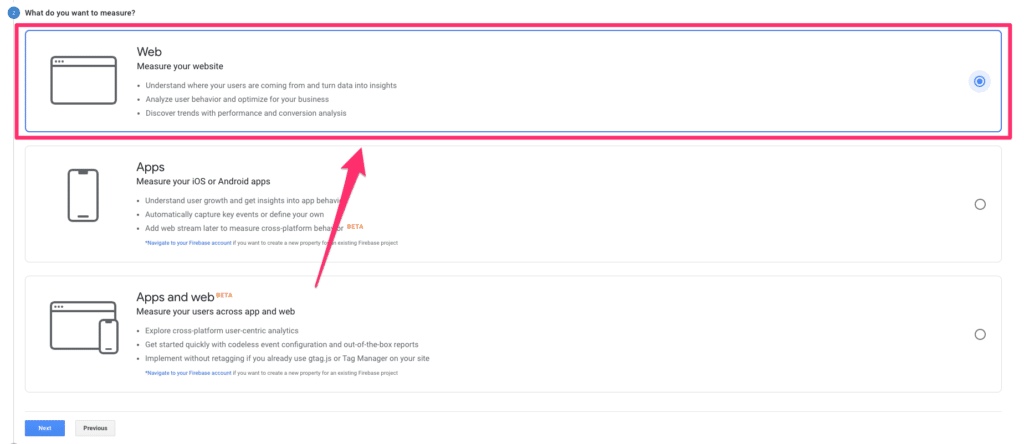 Google Analytics 衡量网站、应用程序或两者的组合提示示例。