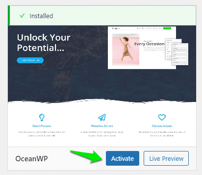OceanWP 激活屏幕。
