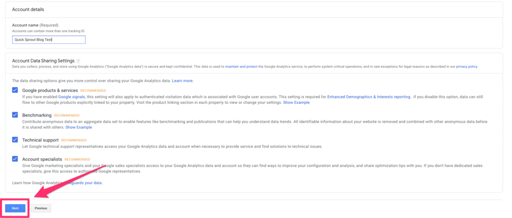 创建 Google Analytics 帐户示例页面。