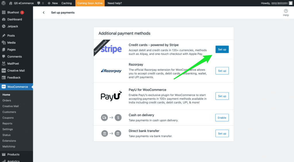 WooCommerce 设置条纹屏幕示例。