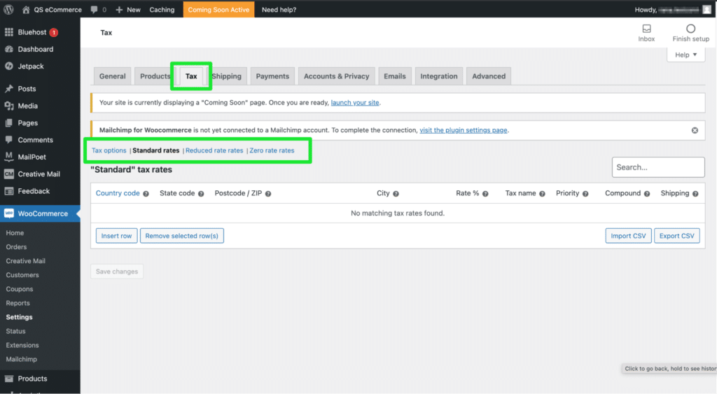 标准费率示例的 WooCommerce 税收选项卡。