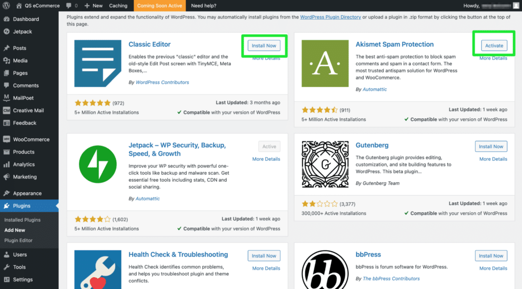 WordPress 插件现在安装在插件选项示例上。