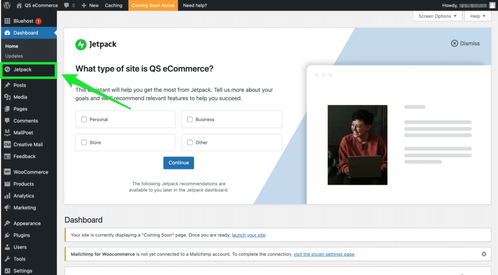 WordPress Jetpack 选项卡和屏幕示例。