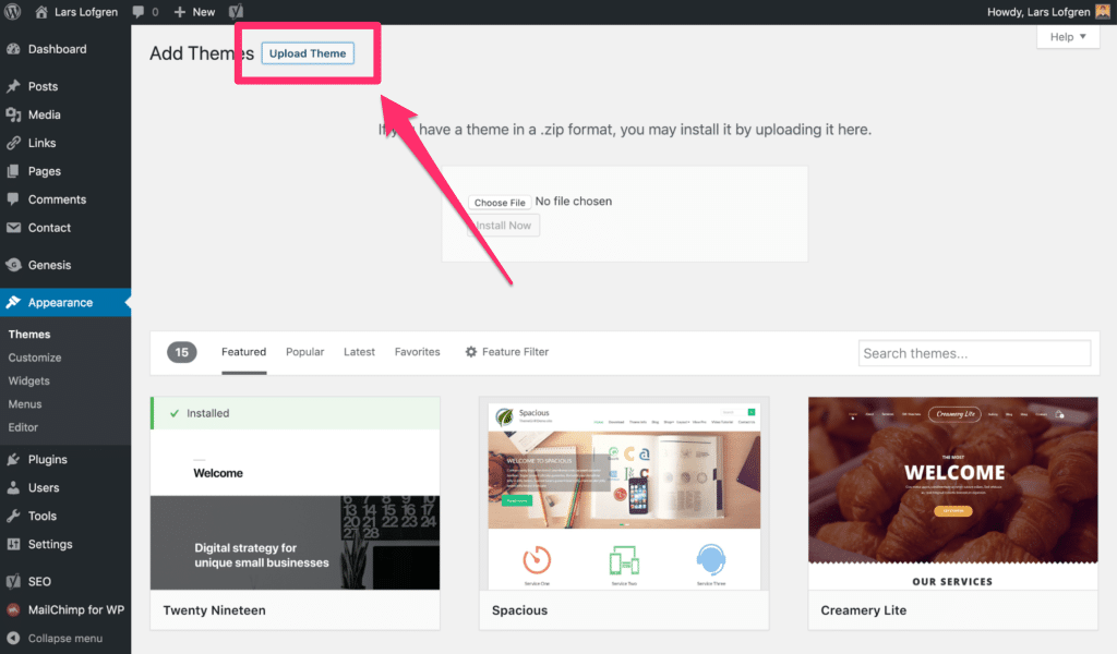 外观选项卡上的 WordPress 仪表板上传主题示例。