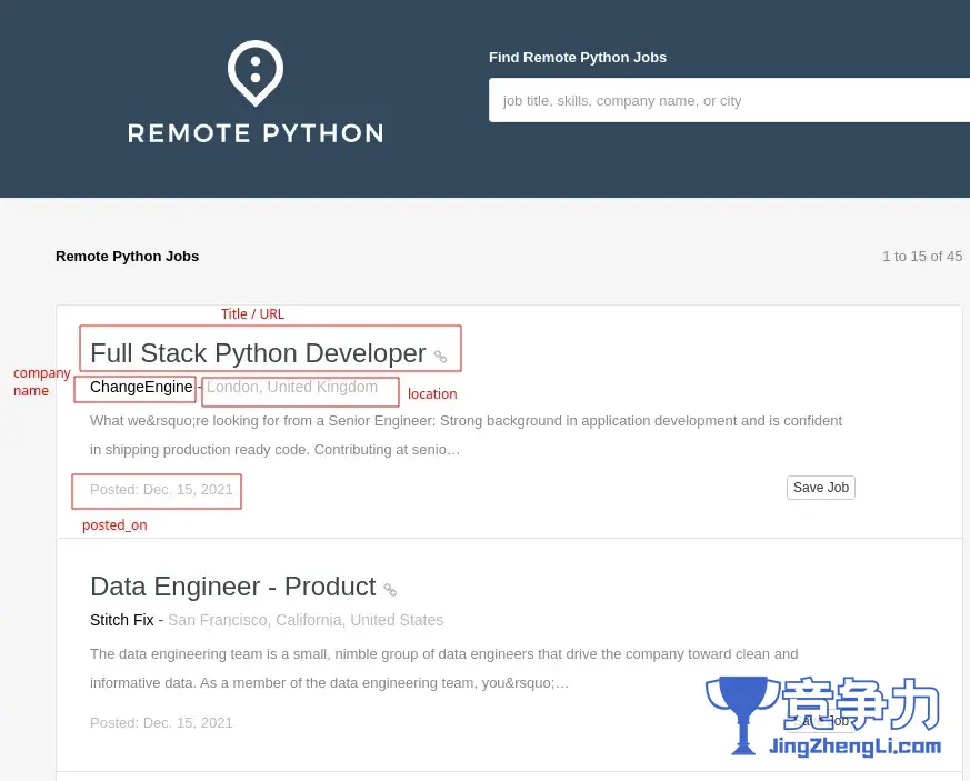 remotepython.com 上工作列表的屏幕截图